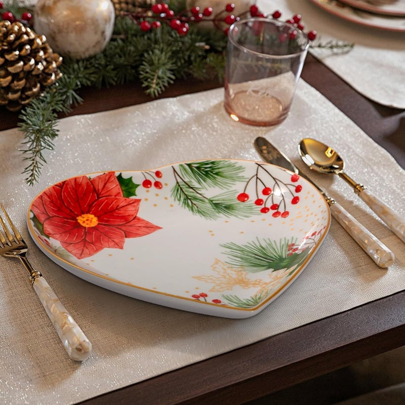 fMSDD 8 Inch Heart Shape Plate with Christmas Pattern, Ceramic Tray for Serving Appetizer, Cake, Candy and Holiday Dishes, for Holiday Table, Christmas Party or Festival Celebrations, Set of 2, Red Berries - Image 4